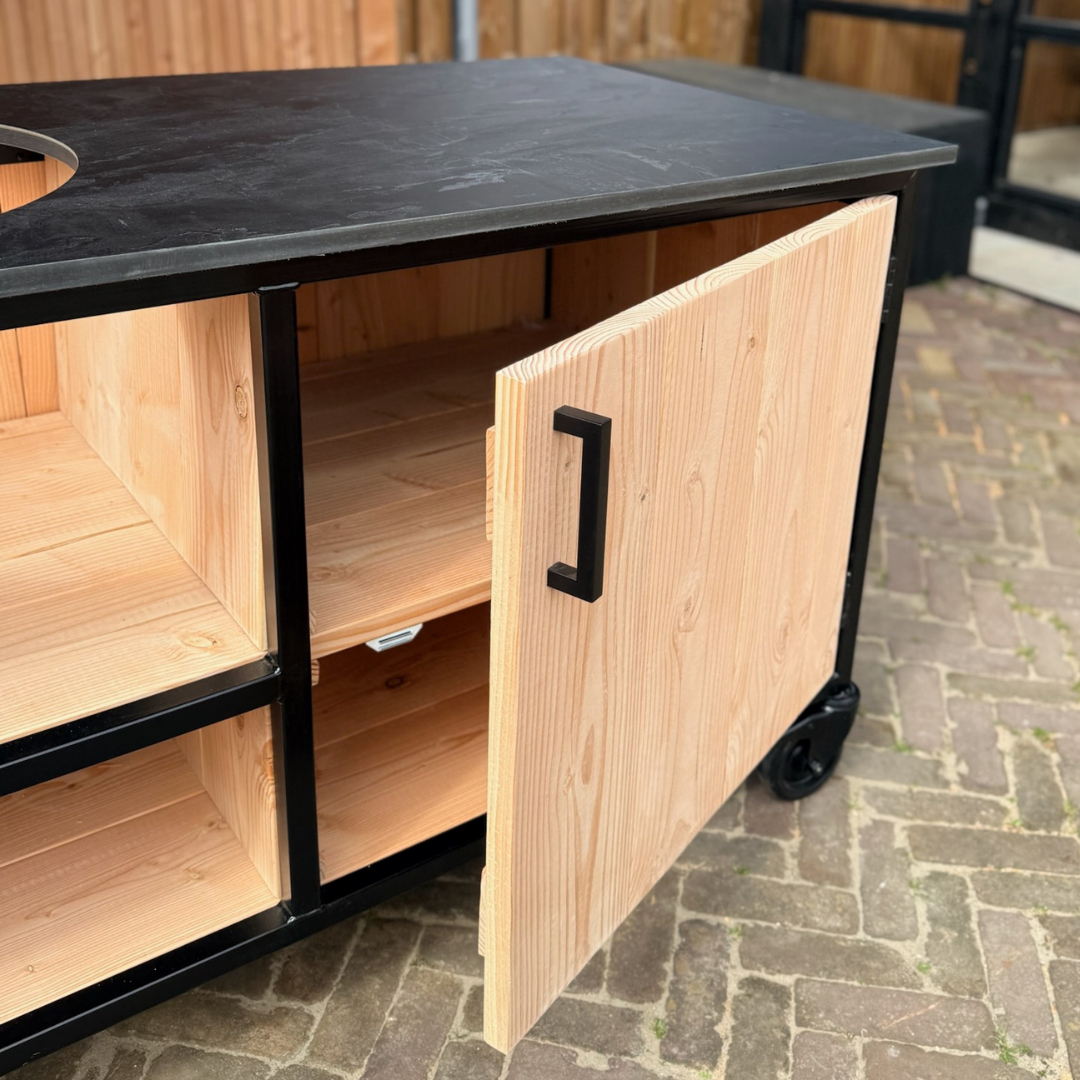 Buitenkeuken Douglas en staal met opbergkast en Zwart HPL werkblad - Lengte 150 cm - Afbeelding 1